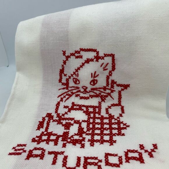 Vintage Other - Vintage 50s Cat Saturday Cross Stitched Martex Towel Farmhouse Kitchen Towel Red